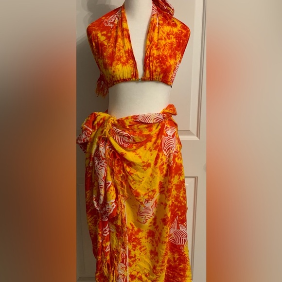 Bikini Top & Long Sarong Wrap Skirt, One Size, Orange, White & Yellow Color, EUC - Picture 3 of 10